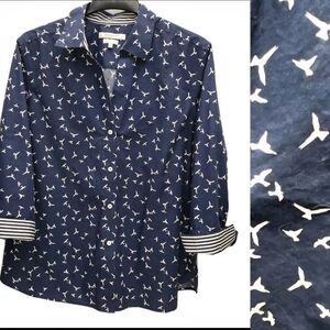 Foxcroft Button Up Shirt Womens XXL Blue White Seagulls Nautical Coastal Casual